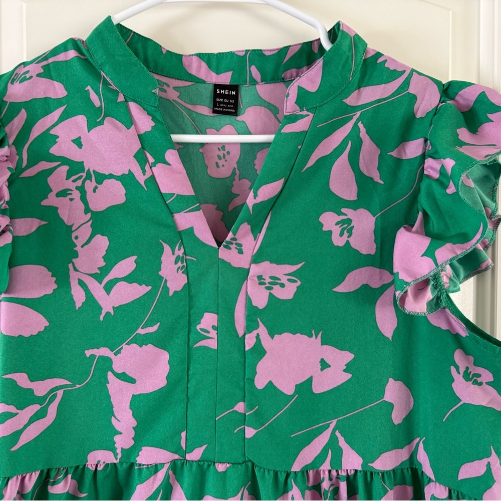 SHEIN Green and Pink Floral Ruffle Muni Dress - Picture 2 of 5
